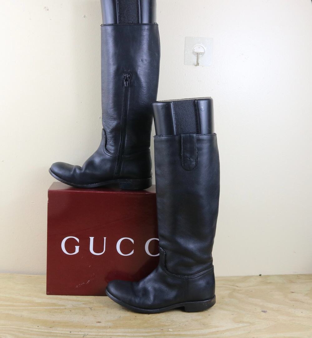 Gucci Boots 33 Black Leather Girls Riding Equestrian Zip Up Shoes Italy
